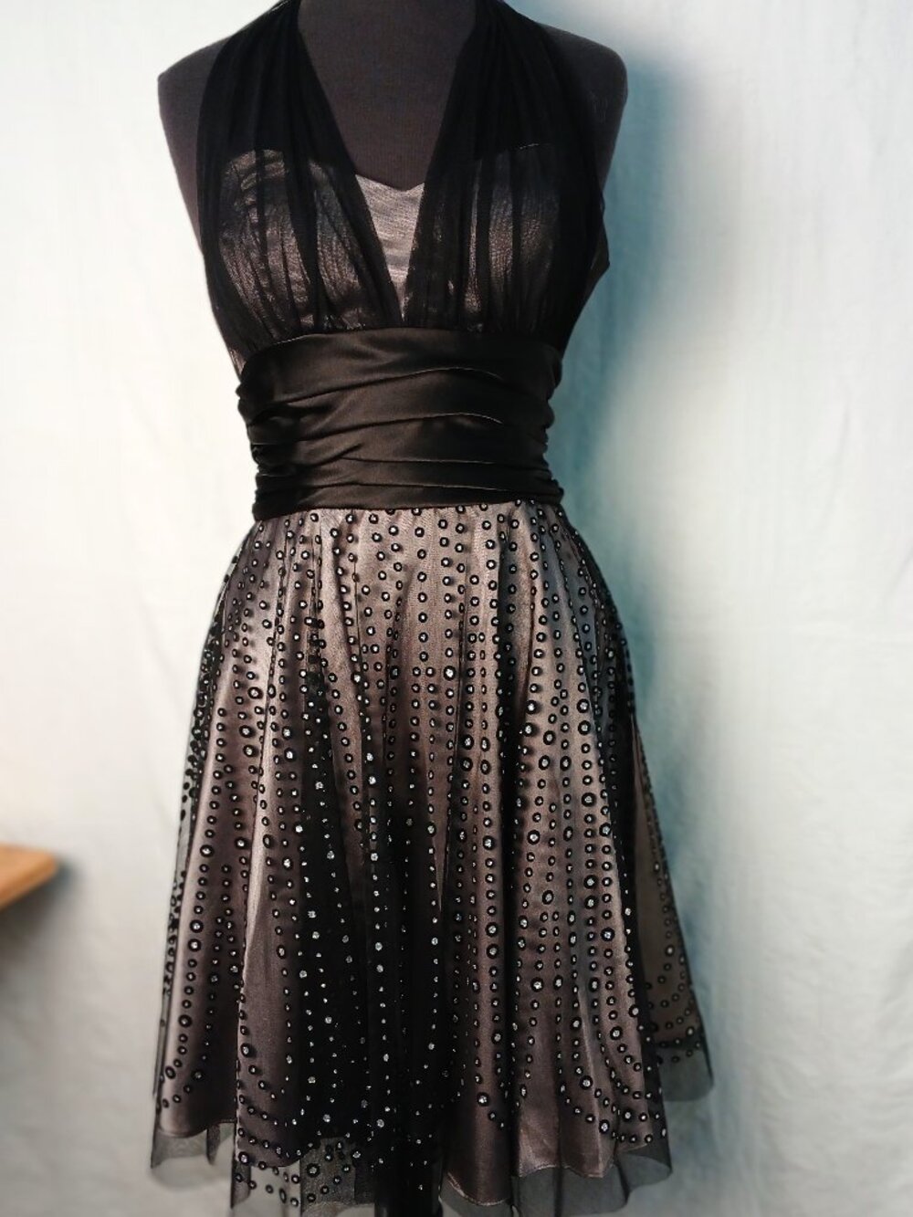 Betsy & Adam Black Halter Cocktail Dress with Embellished Tulle Skirt